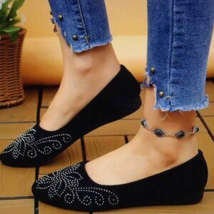Ladies size 9 Black rhinestone flats
